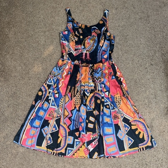 Gorman Vintage VTG Novelty Silk Fiesta Bird Fish Boho Geometric Tank Midi Dress - Picture 2 of 9